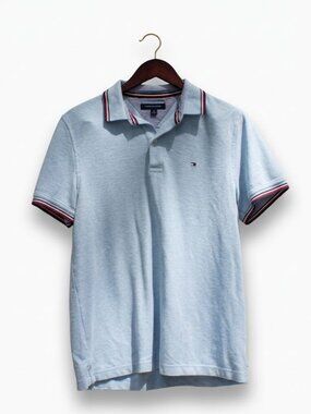 Classic Tommy Hilfiger Heather Blue Polo with Striped Trim - medium
